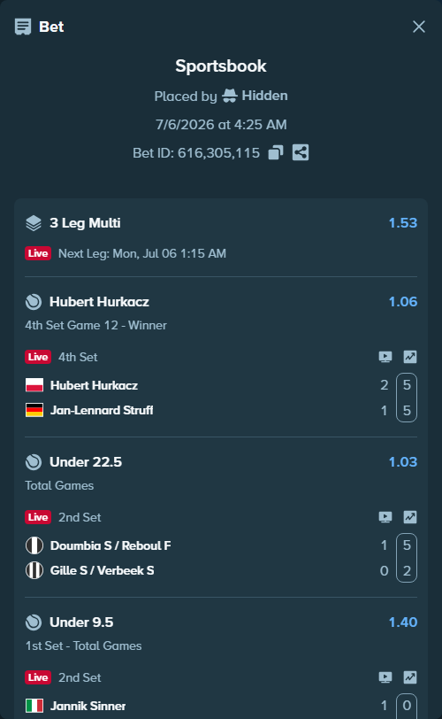 Bet slip: Hubert Hurkacz - Jan-Lennard Struff, $20,000.00 stake at 1.06 odds, placed by Hidden