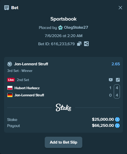 Bet slip: Hubert Hurkacz - Jan-Lennard Struff, $25,000.00 stake at 2.65 odds, placed by OlegStake27