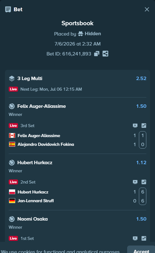 Bet slip: Hubert Hurkacz - Jan-Lennard Struff, $30,030.00 stake at 1.12 odds, placed by AsTraL11