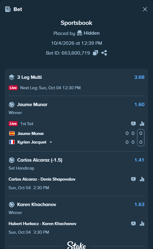 Bet slip: Hubert Hurkacz - Karen Khachanov, $50,000.00 stake at 1.63 odds, placed by Hidden