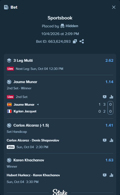Bet slip: Hubert Hurkacz - Karen Khachanov, $50,000.00 stake at 1.63 odds, placed by Hidden