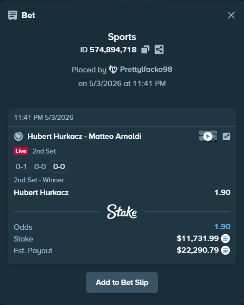 Bet slip: Hubert Hurkacz - Matteo Arnaldi, $10,246.93 stake at 1.90 odds, placed by Prettylfacko98