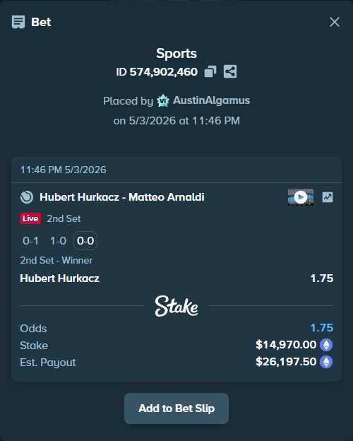 Bet slip: Hubert Hurkacz - Matteo Arnaldi, $11,182.86 stake at 1.75 odds, placed by AustinAlgamus