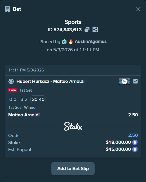 Bet slip: Hubert Hurkacz - Matteo Arnaldi, $13,433.83 stake at 2.50 odds, placed by AustinAlgamus