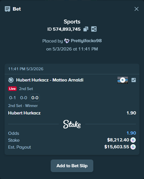 Bet slip: Hubert Hurkacz - Matteo Arnaldi, $7,172.85 stake at 1.90 odds, placed by Prettylfacko98