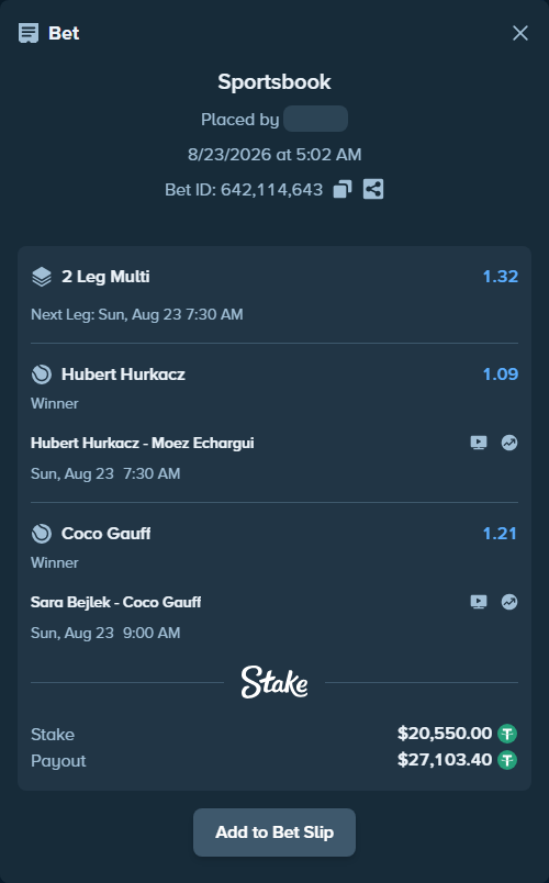 Bet slip: Hubert Hurkacz - Moez Echargui, $20,550.00 stake at 1.09 odds, placed by PimpoTheGreat