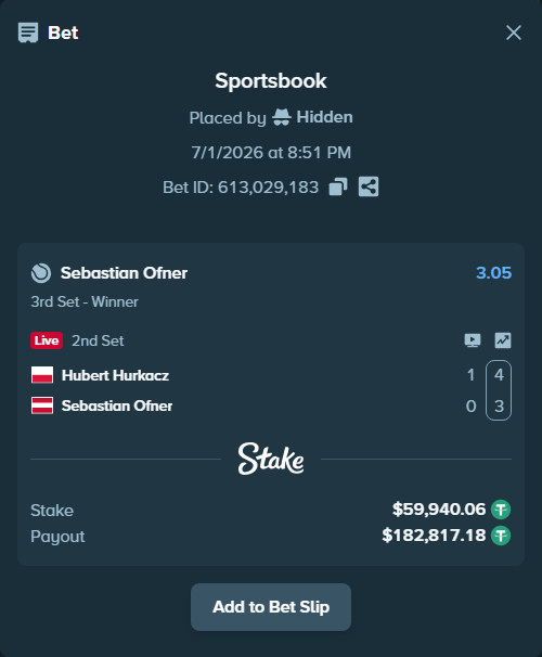 Bet slip: Hubert Hurkacz - Sebastian Ofner, $60,000.00 stake at 3.05 odds, placed by Hidden