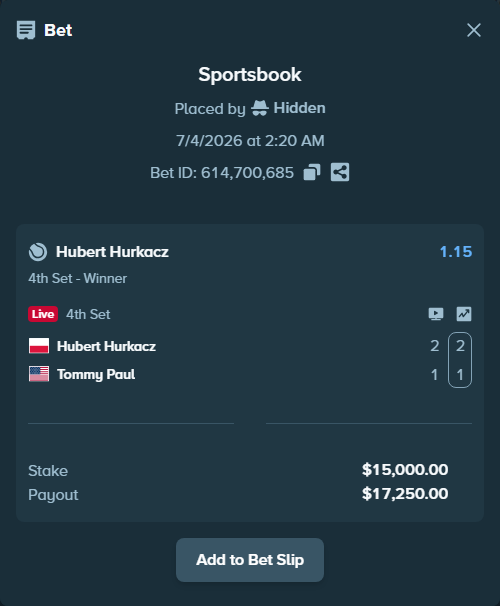 Bet slip: Hubert Hurkacz - Tommy Paul, $15,000.00 stake at 1.15 odds, placed by piropiro12