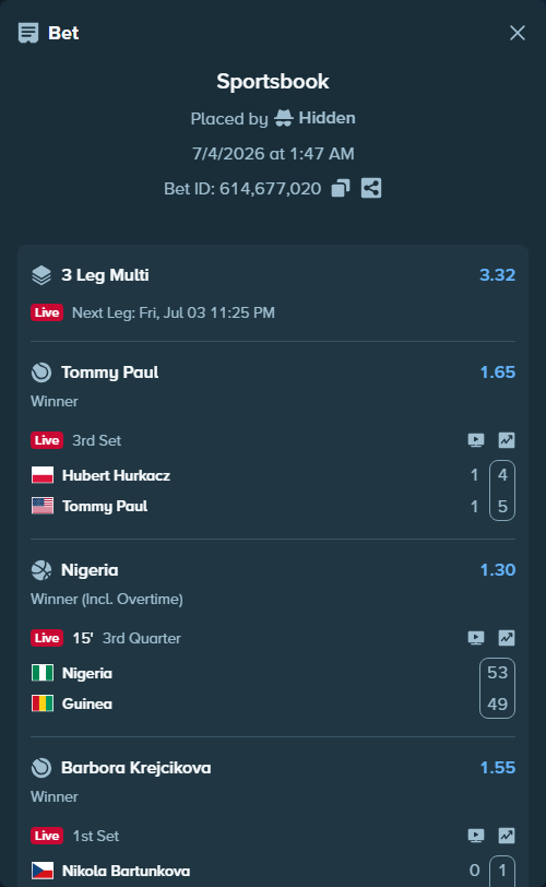 Bet slip: Hubert Hurkacz - Tommy Paul, $17,944.31 stake at 1.65 odds, placed by Hidden