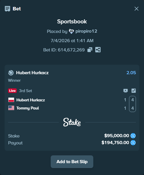 Bet slip: Hubert Hurkacz - Tommy Paul, $95,000.00 stake at 2.05 odds, placed by piropiro12