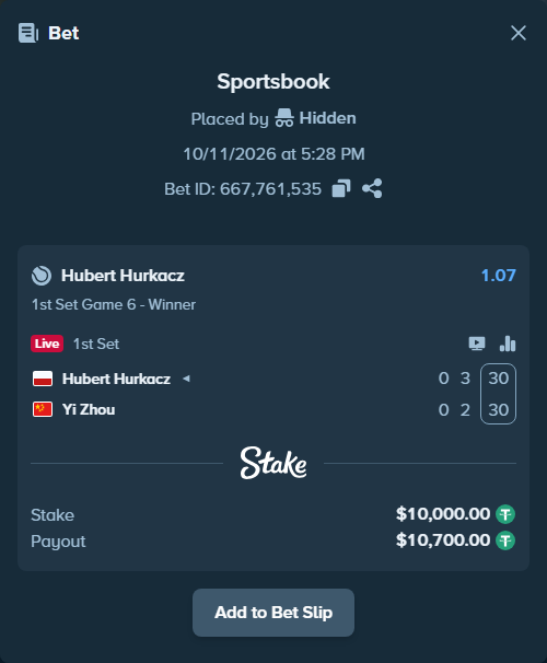 Bet slip: Hubert Hurkacz - Yi Zhou, $10,010.00 stake at 1.07 odds, placed by Hidden