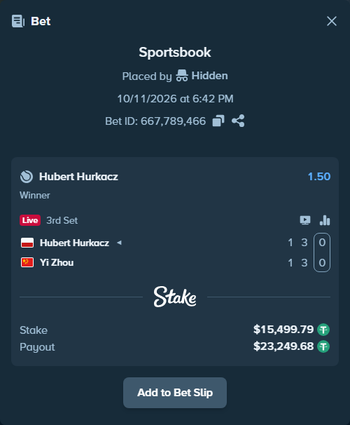 Bet slip: Hubert Hurkacz - Yi Zhou, $15,515.29 stake at 1.50 odds, placed by Hidden