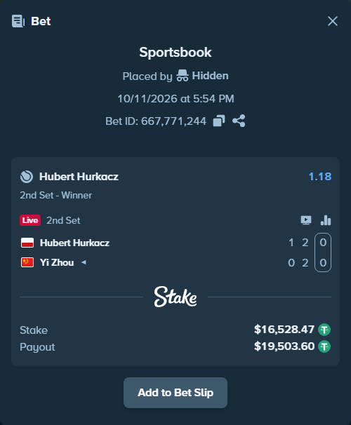 Bet slip: Hubert Hurkacz - Yi Zhou, $16,545.00 stake at 1.18 odds, placed by diomancy