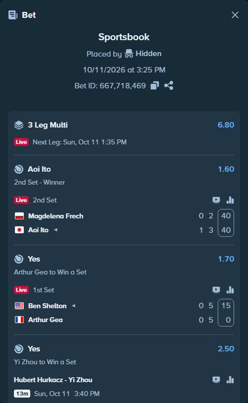 Bet slip: Hubert Hurkacz - Yi Zhou, $20,000.00 stake at 2.50 odds, placed by Hidden