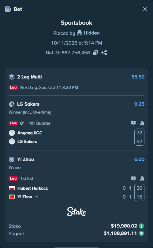 Bet slip: Hubert Hurkacz - Yi Zhou, $20,000.00 stake at 6.00 odds, placed by Hidden