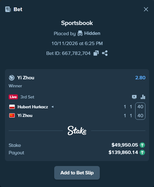 Bet slip: Hubert Hurkacz - Yi Zhou, $50,000.00 stake at 2.80 odds, placed by Hidden