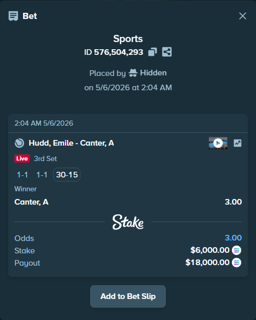 Bet slip: Hudd, Emile - Canter, A, $5,156.69 stake at 3.00 odds, placed by Hidden