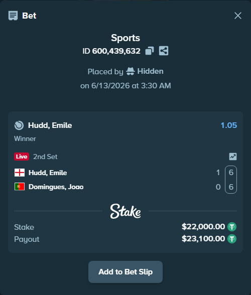 Bet slip: Hudd, Emile - Domingues, Joao, $22,022.00 stake at 1.05 odds, placed by Hidden