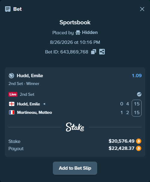 Bet slip: Hudd, Emile - Martineau, Matteo, $20,607.50 stake at 1.09 odds, placed by Hidden