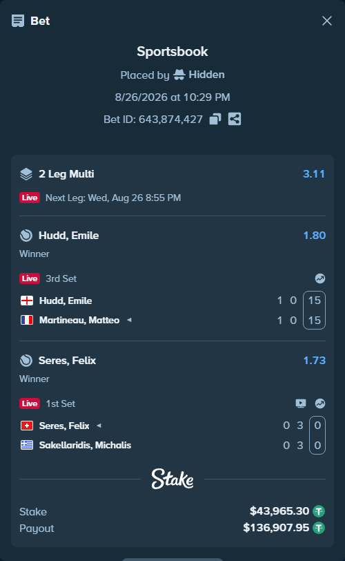 Bet slip: Hudd, Emile - Martineau, Matteo, $43,965.30 stake at 1.80 odds, placed by Hidden
