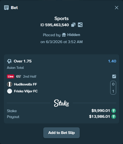 Bet slip: Hudiksvalls FF - Friska Viljor FC, $10,000.00 stake at 1.40 odds, placed by Hidden