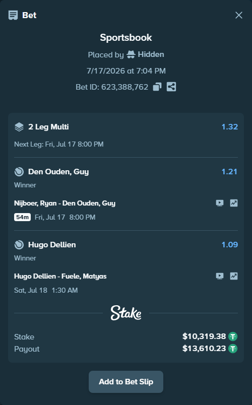 Bet slip: Hugo Dellien - Fuele, Matyas, $10,329.70 stake at 1.09 odds, placed by Hidden