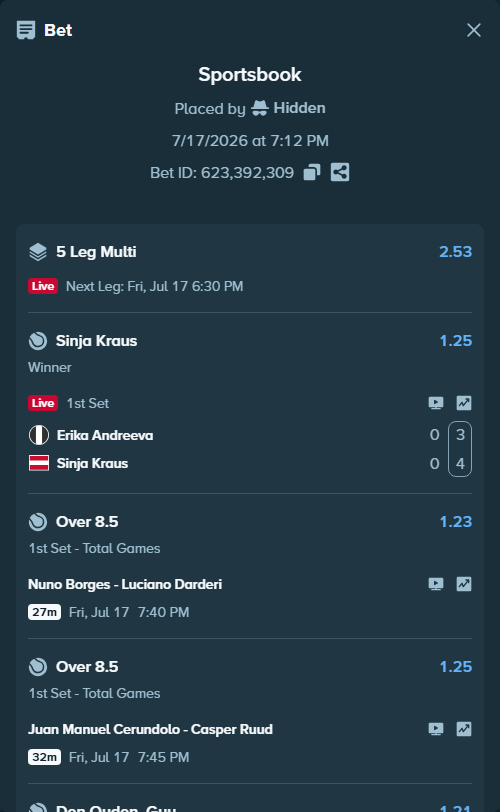 Bet slip: Hugo Dellien - Fuele, Matyas, $75,075.00 stake at 1.09 odds, placed by Hidden