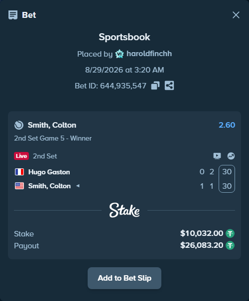 Bet slip: Hugo Gaston - Colton Smith, $10,032.00 stake at 2.60 odds, placed by haroldfinchh