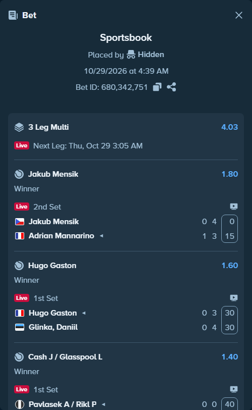 Bet slip: Hugo Gaston - Danill Glinka, $10,000.00 stake at 1.60 odds, placed by Hidden