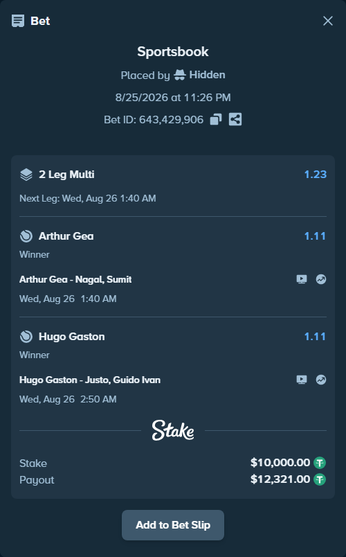 Bet slip: Hugo Gaston - Justo, Guido Ivan, $10,000.00 stake at 1.11 odds, placed by Hidden