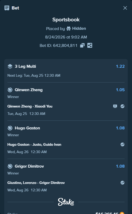 Bet slip: Hugo Gaston - Justo, Guido Ivan, $16,552.62 stake at 1.08 odds, placed by Hidden