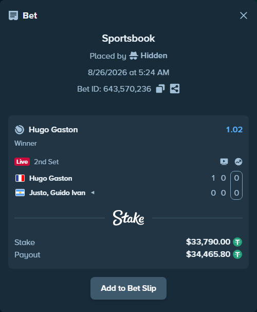 Bet slip: Hugo Gaston - Justo, Guido Ivan, $33,790.00 stake at 1.02 odds, placed by Hidden