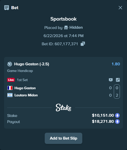 Bet slip: Hugo Gaston - Lautaro Midon, $9,245.48 stake at 1.80 odds, placed by Hidden