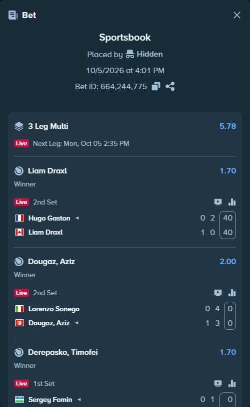 Bet slip: Hugo Gaston - Liam Draxl, $20,000.00 stake at 1.70 odds, placed by Hidden