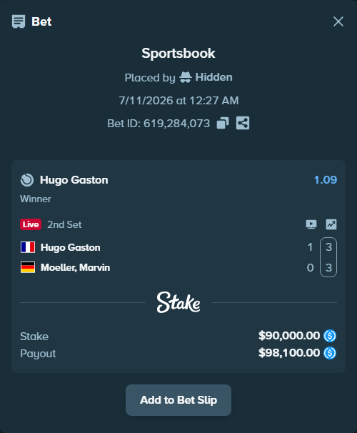 Bet slip: Hugo Gaston - Moeller, Marvin, $90,000.00 stake at 1.09 odds, placed by Hidden