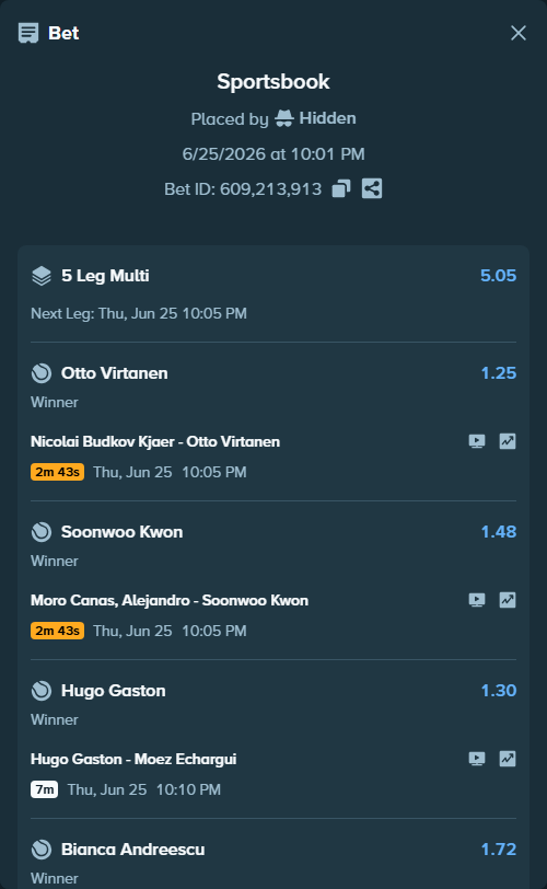 Bet slip: Hugo Gaston - Moez Echargui, $60,156.25 stake at 1.30 odds, placed by Hidden