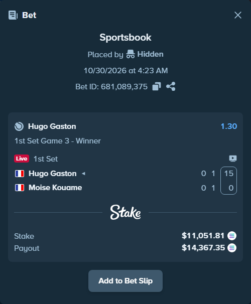 Bet slip: Hugo Gaston - Moise Kouame, $10,971.94 stake at 1.30 odds, placed by Prettylfacko98