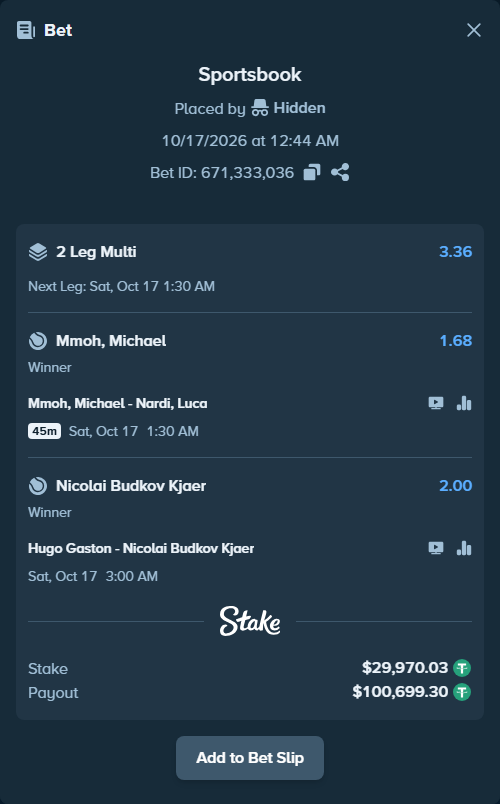Bet slip: Hugo Gaston - Nicolai Budkov Kjaer, $30,000.00 stake at 2.00 odds, placed by Hidden
