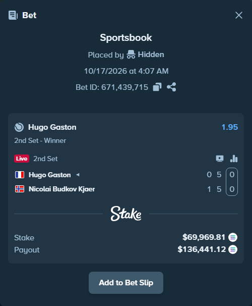 Bet slip: Hugo Gaston - Nicolai Budkov Kjaer, $70,156.27 stake at 1.95 odds, placed by Prettylfacko98