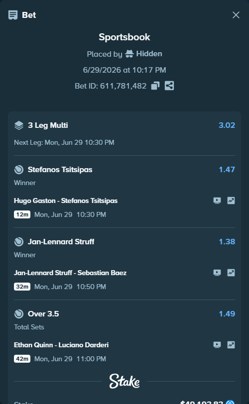 Bet slip: Hugo Gaston - Stefanos Tsitsipas, $49,193.83 stake at 1.47 odds, placed by Hidden
