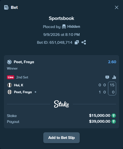Bet slip: Hui, K - Peet, Freya, $15,000.00 stake at 2.60 odds, placed by Hidden
