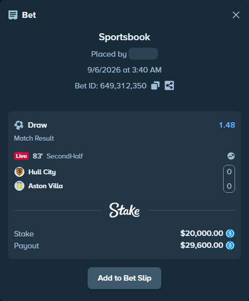 Bet slip: Hull City - Aston Villa, $20,000.00 stake at 1.48 odds, placed by Bokket