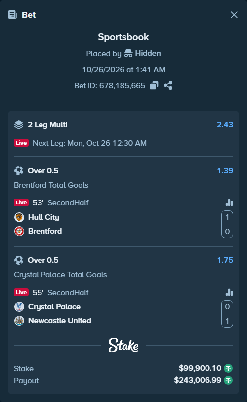 Bet slip: Hull City - Brentford, $100,000.00 stake at 1.39 odds, placed by Hidden