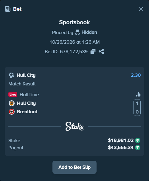 Bet slip: Hull City - Brentford, $19,000.00 stake at 2.30 odds, placed by Hidden