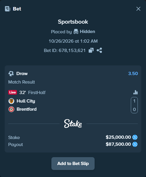 Bet slip: Hull City - Brentford, $25,000.00 stake at 3.50 odds, placed by Molle59