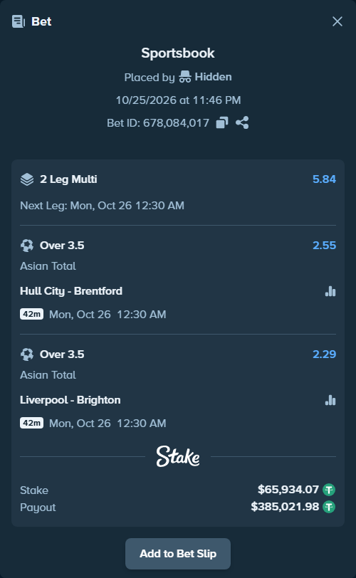 Bet slip: Hull City - Brentford, $66,000.00 stake at 2.55 odds, placed by Hidden