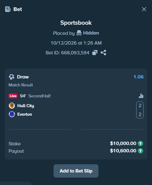 Bet slip: Hull City - Everton, $10,010.00 stake at 1.06 odds, placed by Kristen1