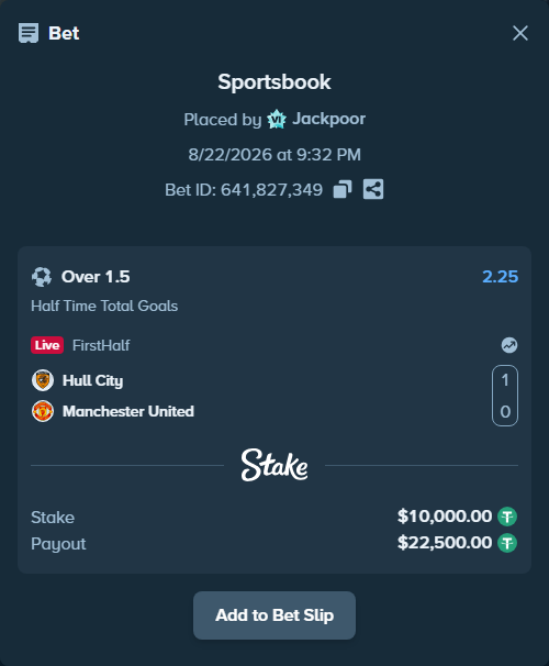 Bet slip: Hull City - Manchester United, $10,000.00 stake at 2.25 odds, placed by Jackpoor