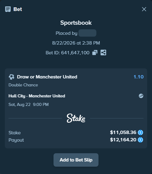 Bet slip: Hull City - Manchester United, $11,058.36 stake at 1.10 odds, placed by lightsum