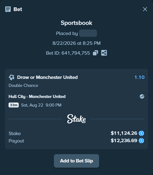 Bet slip: Hull City - Manchester United, $11,124.26 stake at 1.10 odds, placed by lightsum